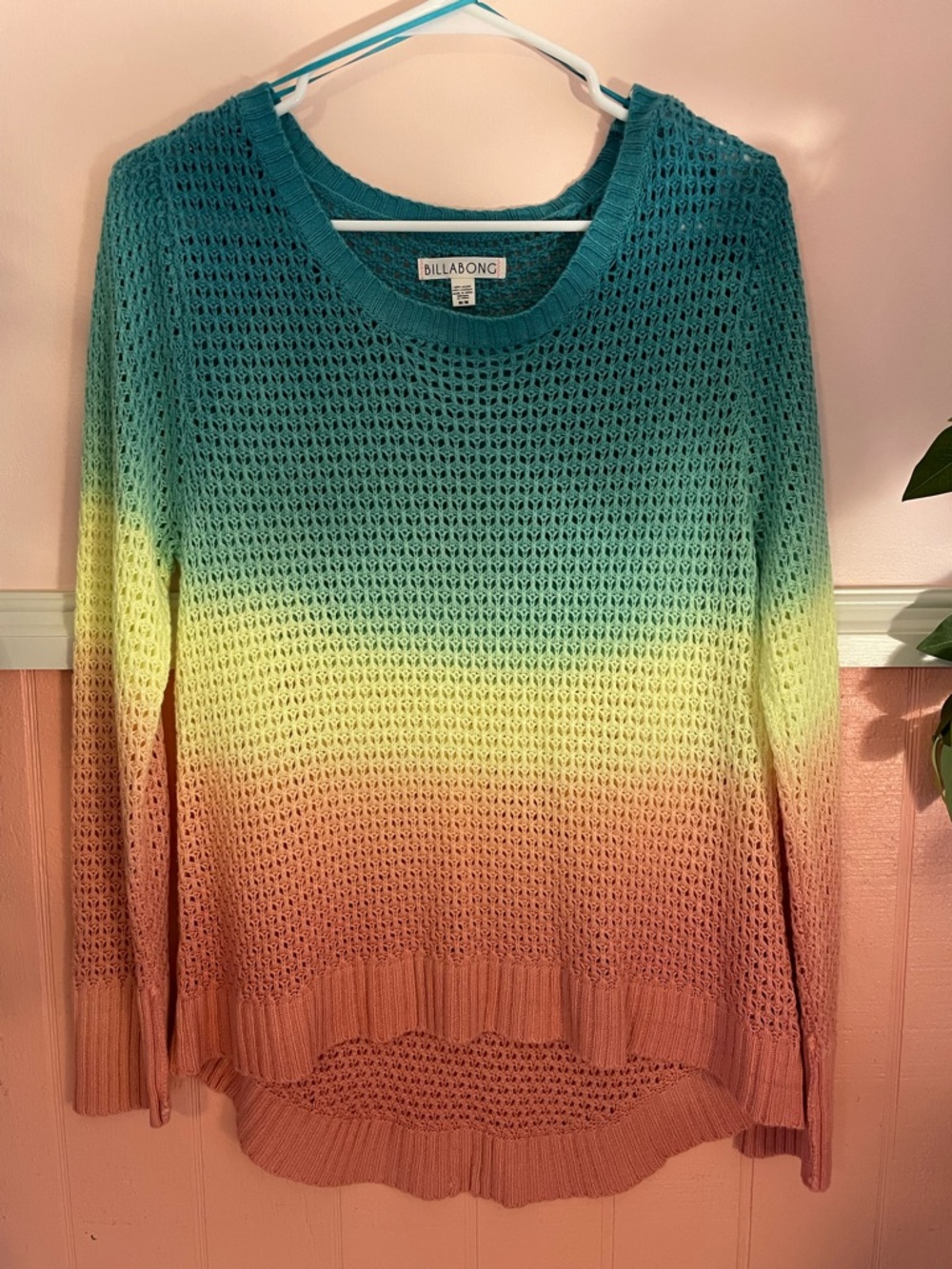 Billabong Open-Knit Ombré Rainbow Crew Sweater, Size Medium